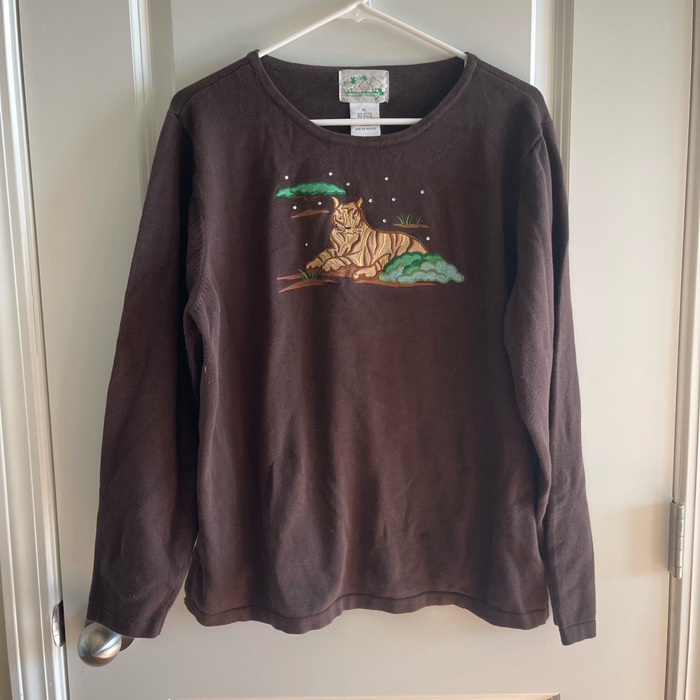 Elegant Brown Long Sleeve Tee with Tiger Design